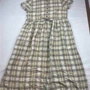 Women’s Beige Plaid Button-Front country cottage Dress with Tie Waist